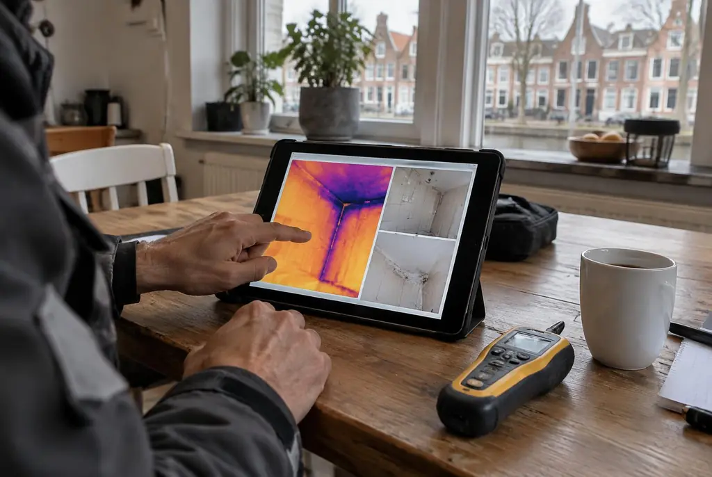 Lekdetectie Elst – lekdetectierapport met warmtebeelden en foto's op een tablet