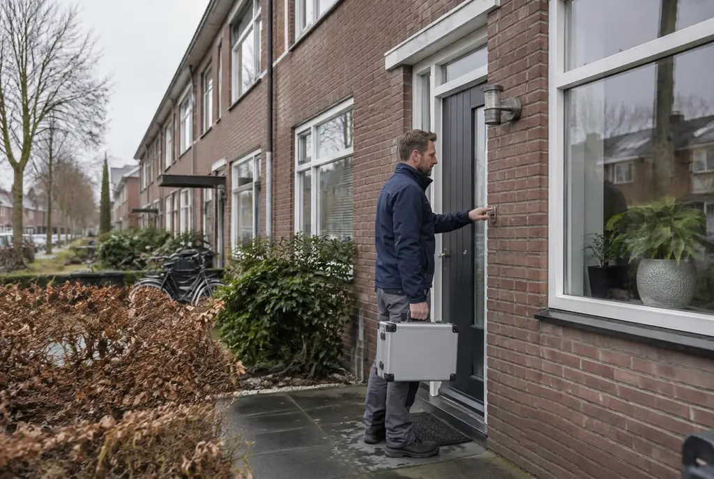 Lekdetectiespecialist met meetkoffer bij de voordeur van een woning in Elst