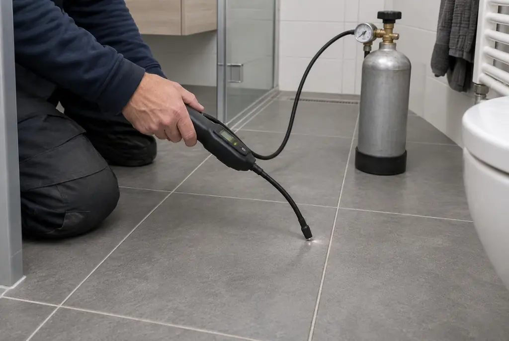 Lekdetectie Elst – technicus spoort met tracergas een lekkage op in de vloer
